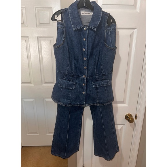 Self Portrait Denim Vest Peplum Flare Pants Set Blue Button Front Size 10 - Picture 8 of 13